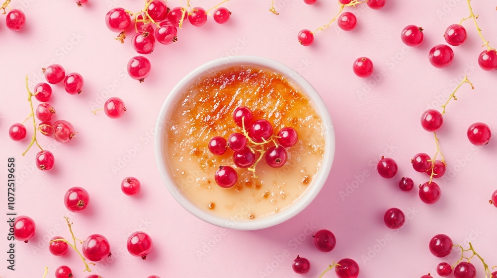 Red currant brulee with caramelized top, isolated on a pale pink background with scattered currant clusters Red currant brulee with caramelized top, isolated on a pale pink background with scattered currant clusters