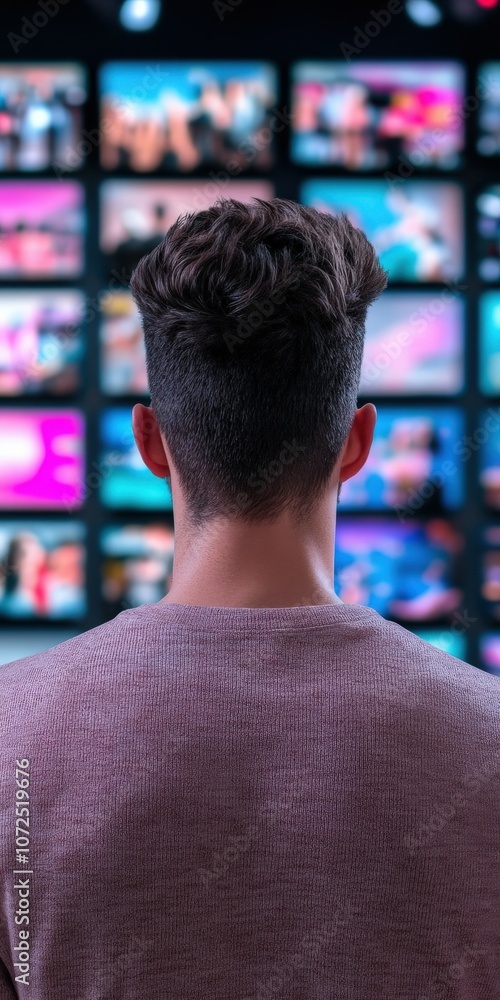 Person watching multiple programs on screens in a darkened room Person watching multiple programs on screens in a darkened room