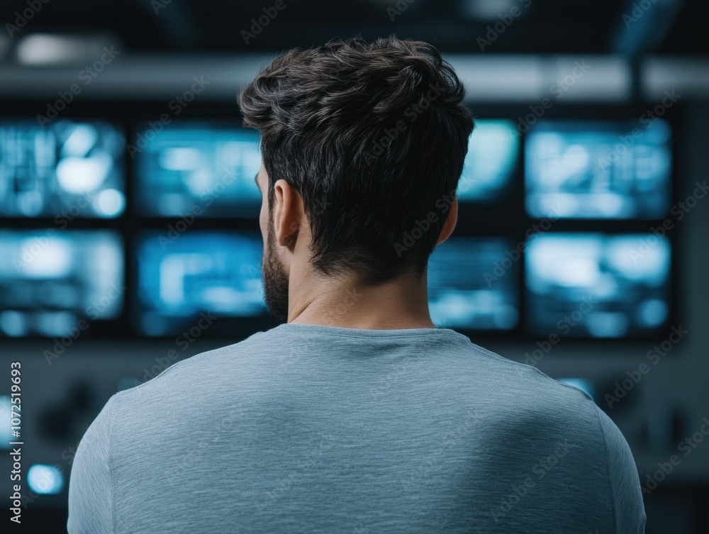 A person observing screens in a control room during late evening hours A person observing screens in a control room during late evening hours