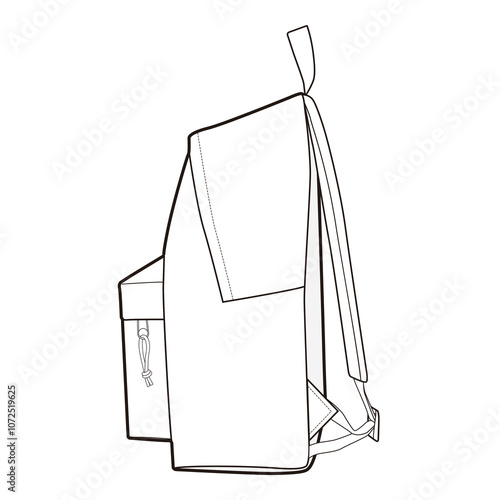 Side view of an open backpack in black and white vector illustration, showcasing the open flap and front pocket.
