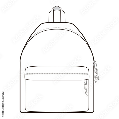 Another front view of a backpack with front pocket and zipper details in black and white vector illustration, emphasizing minimalist design.
