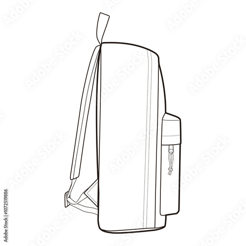 Side view of a backpack in black and white vector format, highlighting the front pocket and straps with a simple outline.
