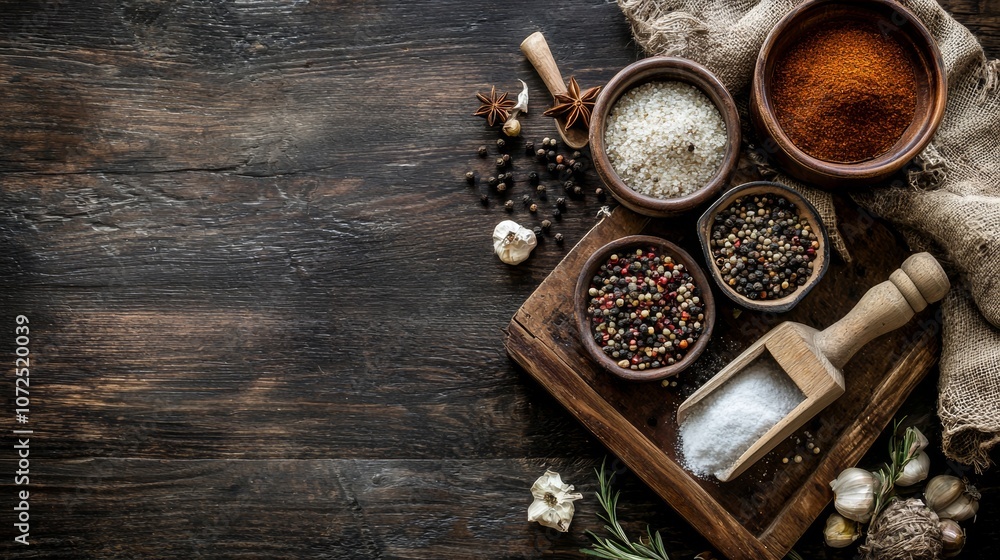 A beautiful assortment of diverse spices and ingredients uniquely arranged on a rustic wooden table A beautiful assortment of diverse spices and ingredients uniquely arranged on a rustic wooden table