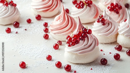 Red currant meringue cookies with light peaks, isolated on a neutral background, with a sprinkle of currants