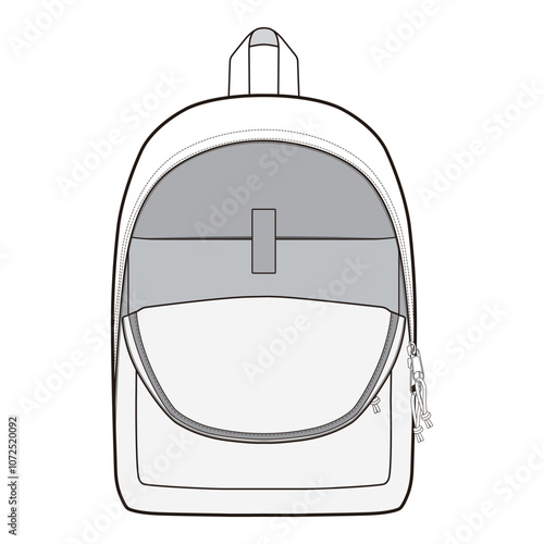 Front view of an open backpack in black and white vector format, showing interior compartments and zipper details.
