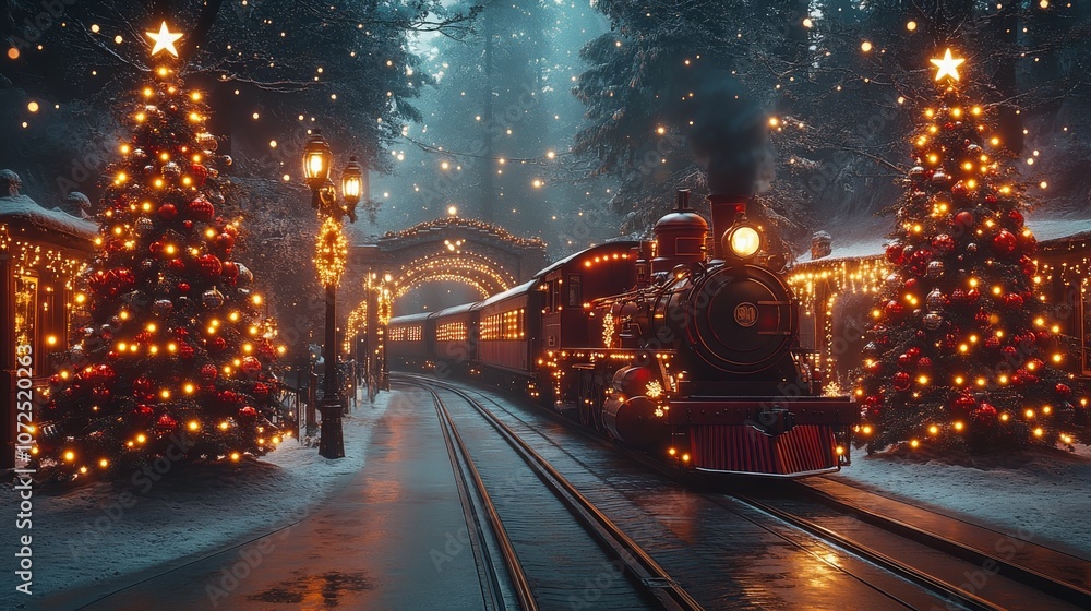 Christmas lights red train snowy night decorated trees twinkling lights festive holiday scene winter wonderland night sky Christmas lights red train snowy night decorated trees twinkling lights festive holiday scene winter wonderland night sky