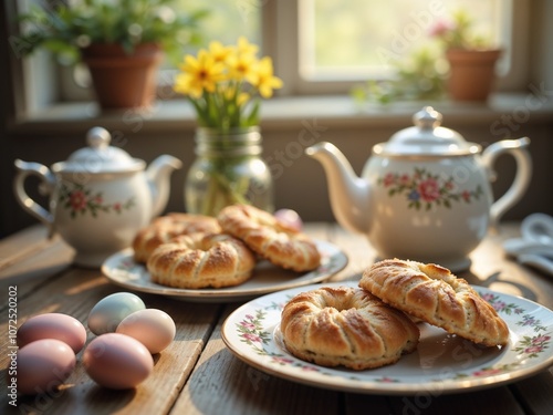 Delicious pastries with Easter eggs and flowers on a rustic table setting