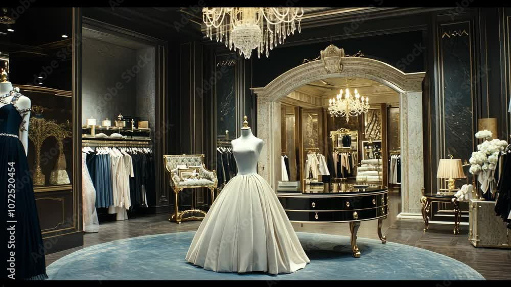 A white gown sits on a mannequin in a luxurious boutique A white gown sits on a mannequin in a luxurious boutique