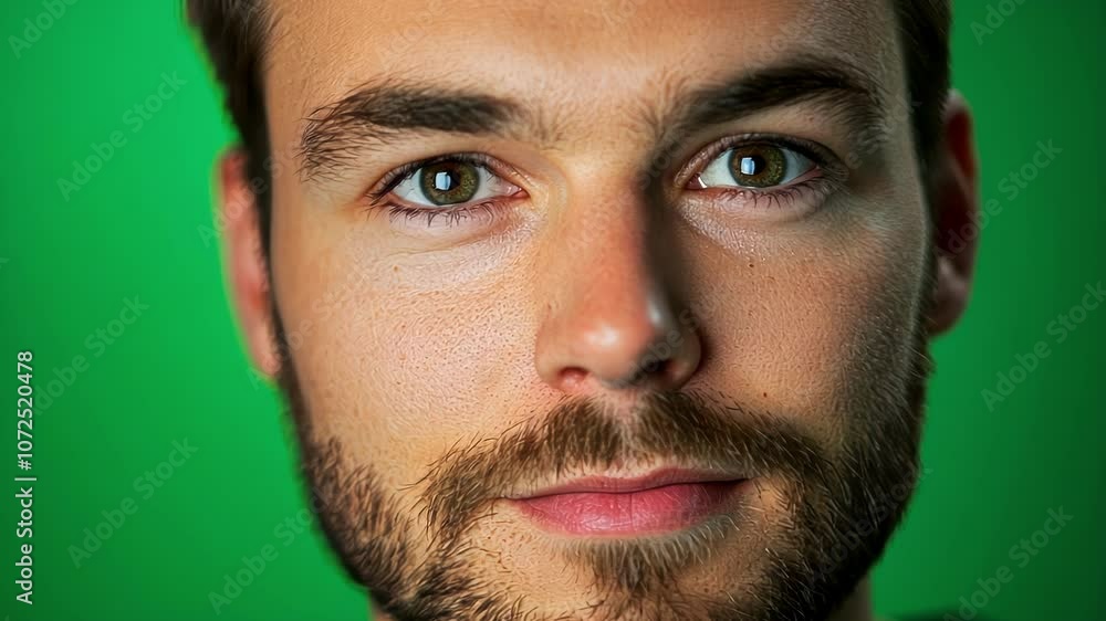 Caucasian male actor with short brown hair and a beard poses with a neutral expression against a green screen background, showcasing a calm and confident demeanor Caucasian male actor with short brown hair and a beard poses with a neutral expression against a green screen background, showcasing a calm and confident demeanor