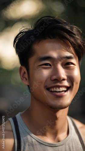 A joyful young man smiling in natural sunlight during a serene moment in a lush green park setting. Generative AI