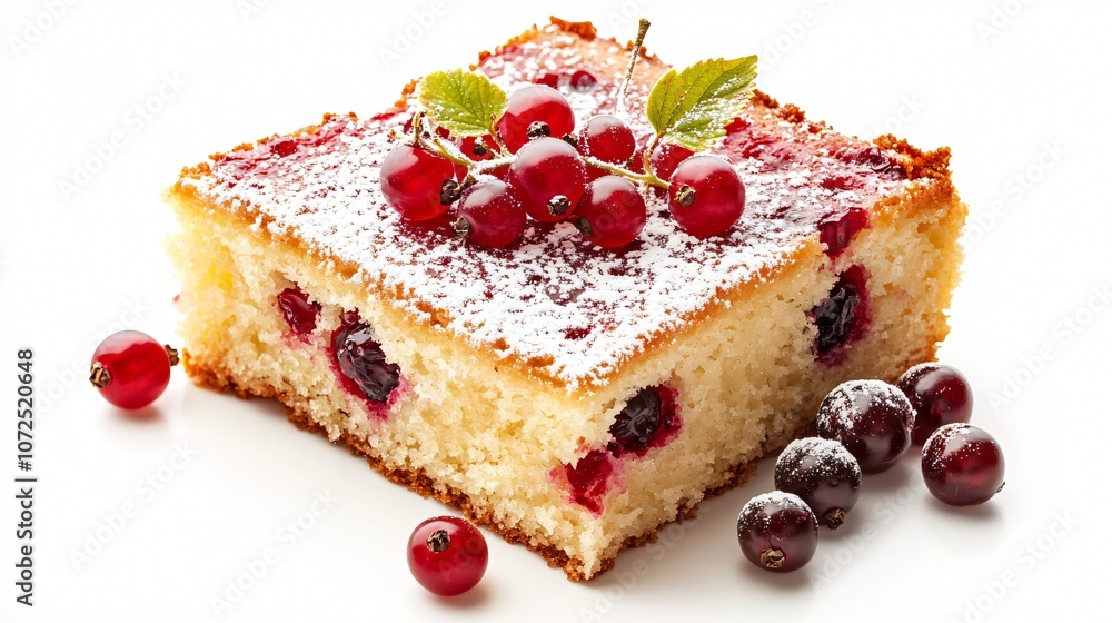 Red currant ricotta cake slice, isolated on a white background, with currants and powdered sugar on top Red currant ricotta cake slice, isolated on a white background, with currants and powdered sugar on top