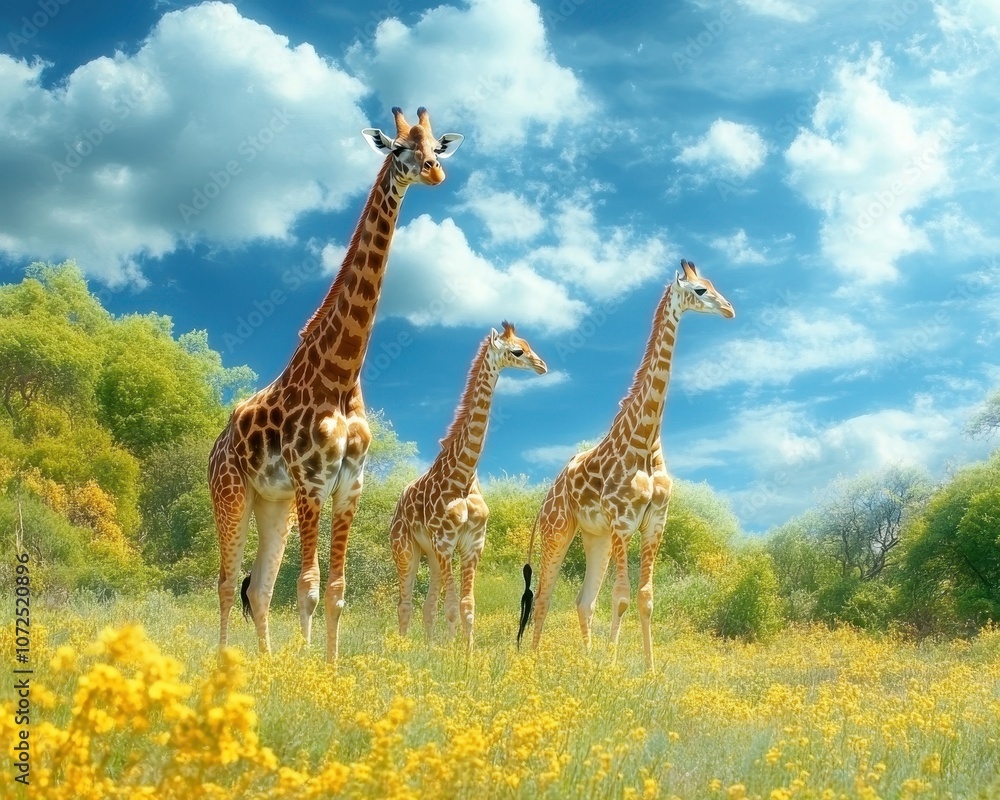 Fototapeta premium A serene landscape featuring three giraffes amidst vibrant yellow flowers and a clear blue sky with fluffy clouds.