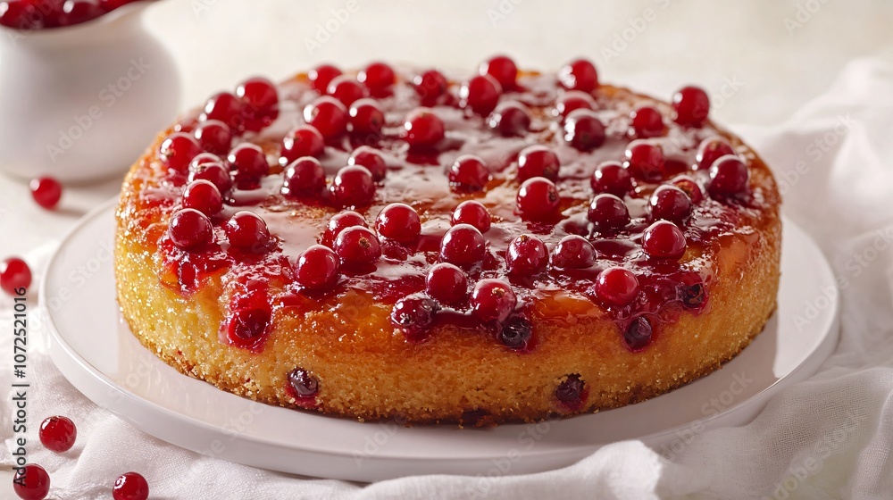 Red currant upside-down cake with caramelized currants, on a soft linen background with currants delicately placed around Red currant upside-down cake with caramelized currants, on a soft linen background with currants delicately placed around