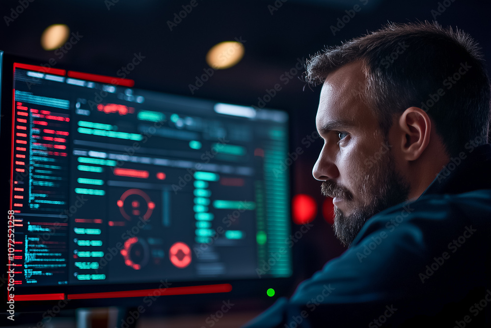 A dedicated cybersecurity expert analyzes complex data on multiple monitors, ensuring network security and integrity A dedicated cybersecurity expert analyzes complex data on multiple monitors, ensuring network security and integrity