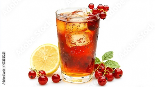 Refreshing red currant iced tea in a glass, on a white background, with fresh currants and a lemon wedge