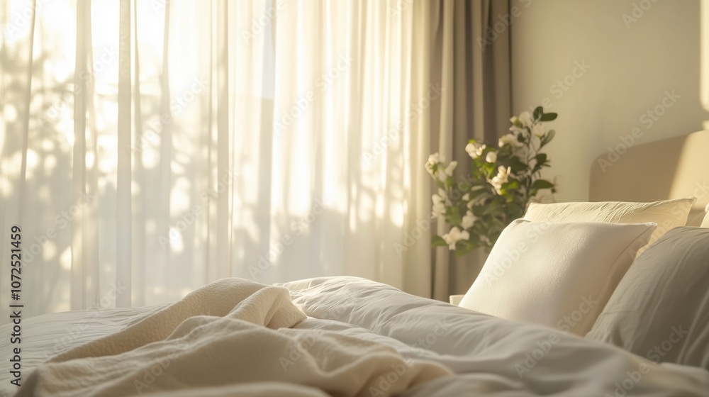 Serene morning light in a cozy bedroom with elegant white curtains Serene morning light in a cozy bedroom with elegant white curtains