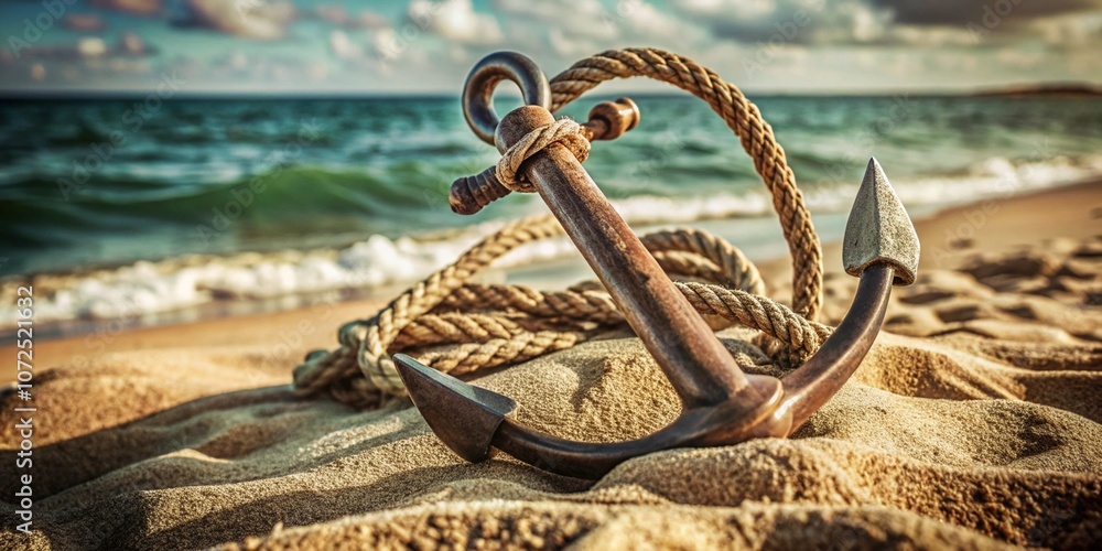 Fototapeta premium The ship's iron anchor lies in the sand by the sea.