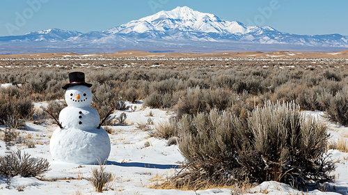Snowman in snowy desert with mountains in background