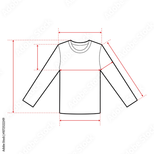 Long Sleeve T-Shirt Technical Drawing with Measurement Points and Size Chart


