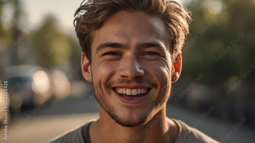 A young man smiles brightly while standing on a sunlit street during the golden hour in a lively neighborhood in summer. Generative AI A young man smiles brightly while standing on a sunlit street during the golden hour in a lively neighborhood in summer. Generative AI