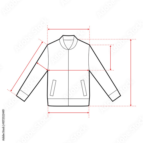 Bomber Jacket Technical Drawing with Measurement Points and Size Chart

