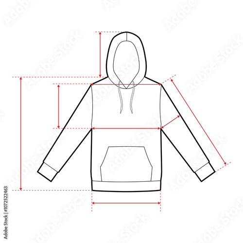 Hoodie Technical Drawing with Measurement Points and Size Chart

