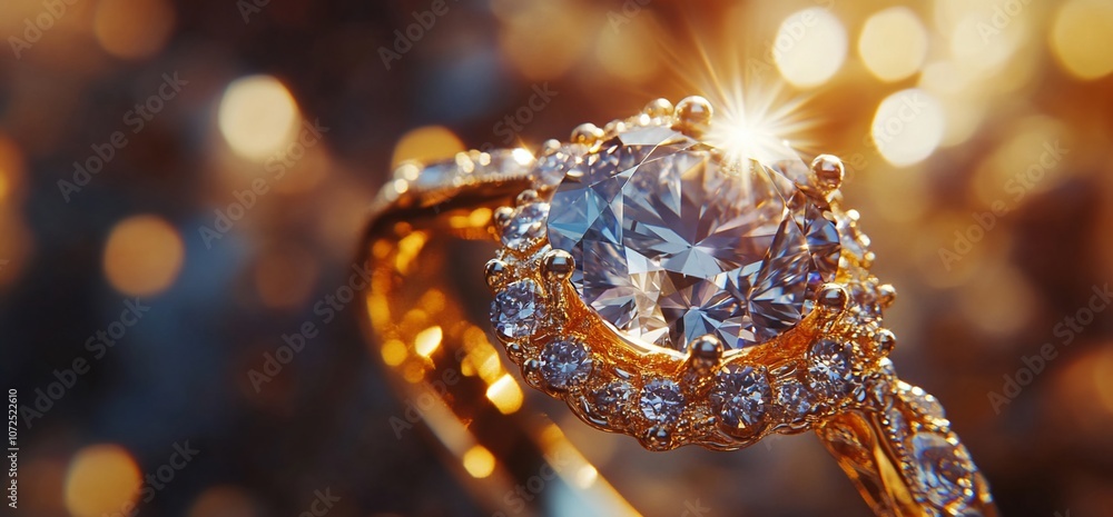 A diamond engagement ring with a halo setting, sparkling in the sunlight. A diamond engagement ring with a halo setting, sparkling in the sunlight.