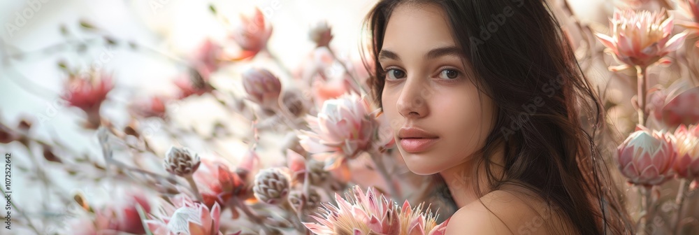 Beautiful Woman in Blooming Protea Bushes, Large Flowers, Beautiful Princess, Copy Space Beautiful Woman in Blooming Protea Bushes, Large Flowers, Beautiful Princess, Copy Space
