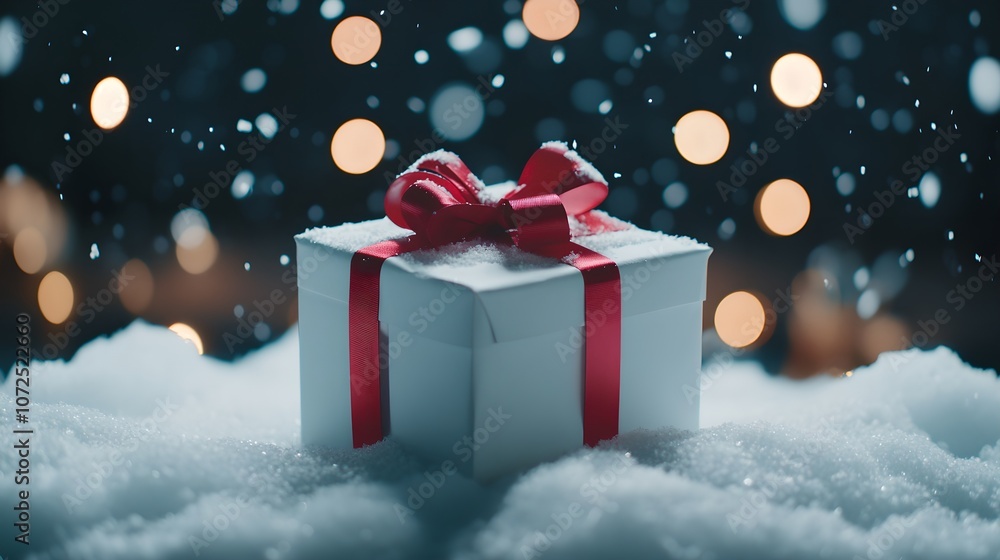 Gift box in snow with bokeh background during snowfall. Christmas and New Year celebration. Winter holiday concept. Festive gift giving. Gift box in snow with bokeh background during snowfall. Christmas and New Year celebration. Winter holiday concept. Festive gift giving.