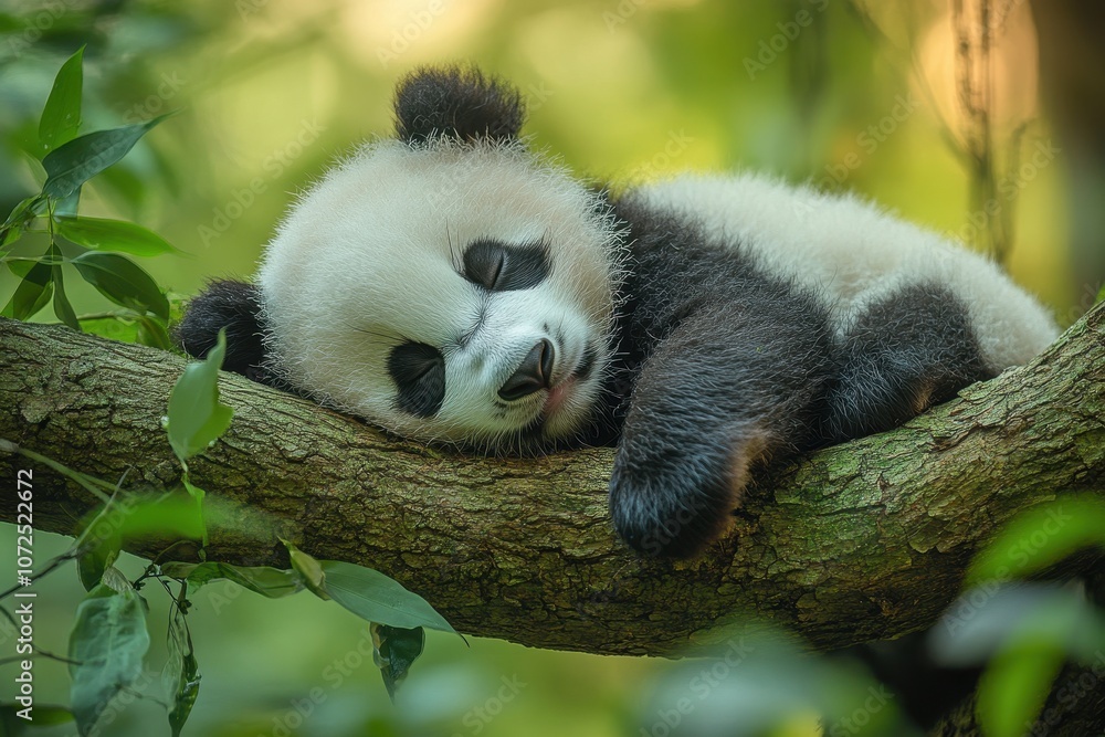 High-definition panda peacefully sleeping on a tree, surrounded by nature High-definition panda peacefully sleeping on a tree, surrounded by nature