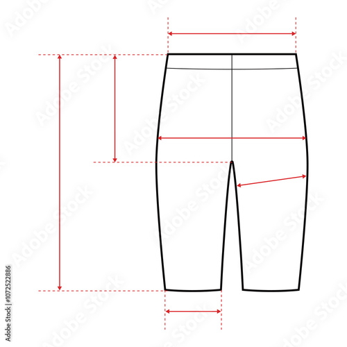 Cycling Shorts Technical Drawing with Measurement Points and Size Chart

