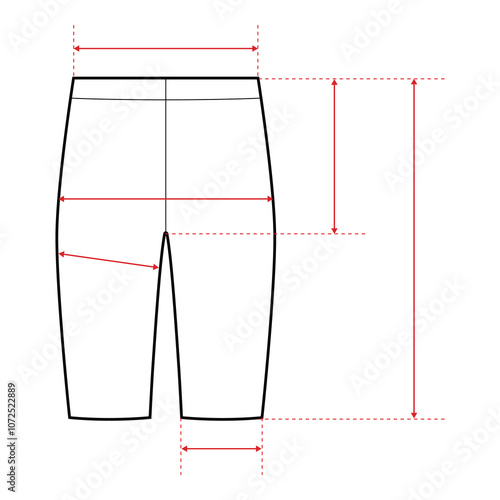 Cycling Shorts Technical Drawing with Measurement Points and Size Chart

