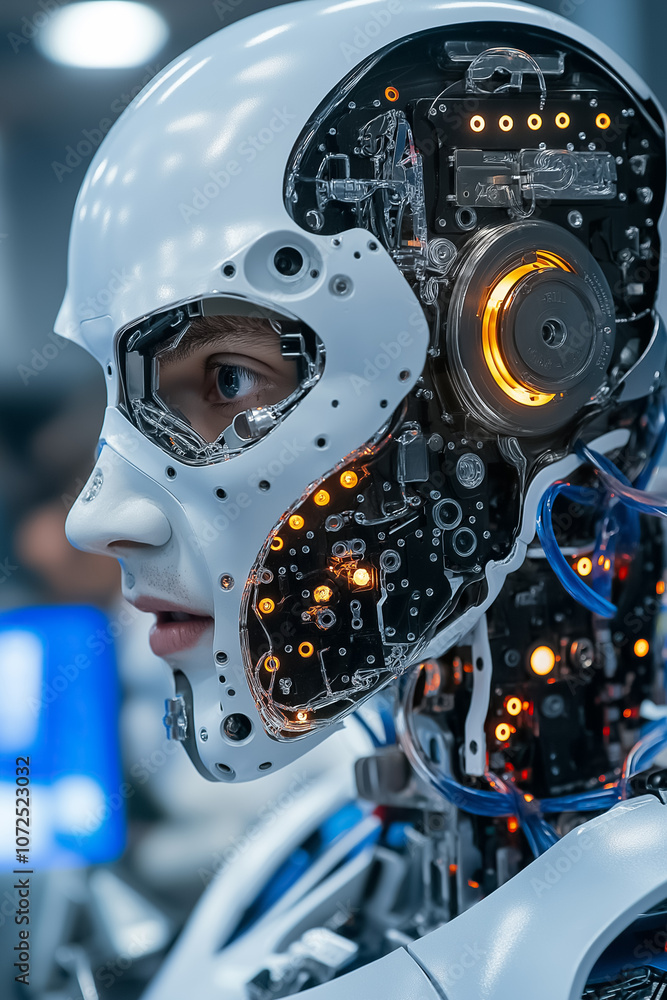 Fototapeta premium The humanoid robot showcases advanced tech with visible circuits and glowing parts in a modern lab