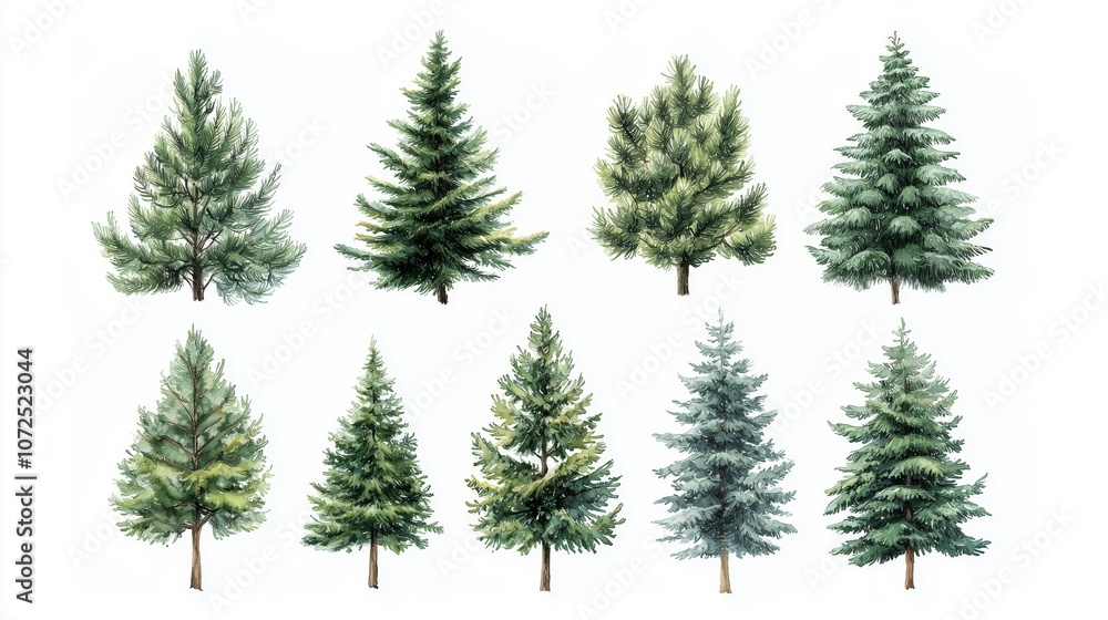 Oil Painting of Realistic Detailed Collection of Bright Green Fir Trees Isolated on Stark White Background Oil Painting of Realistic Detailed Collection of Bright Green Fir Trees Isolated on Stark White Background