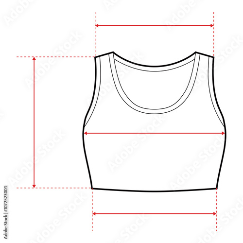 Sports Bra Technical Drawing with Measurement Points and Size Chart

