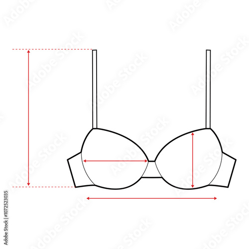 Bra Technical Drawing with Measurement Points and Size Chart

