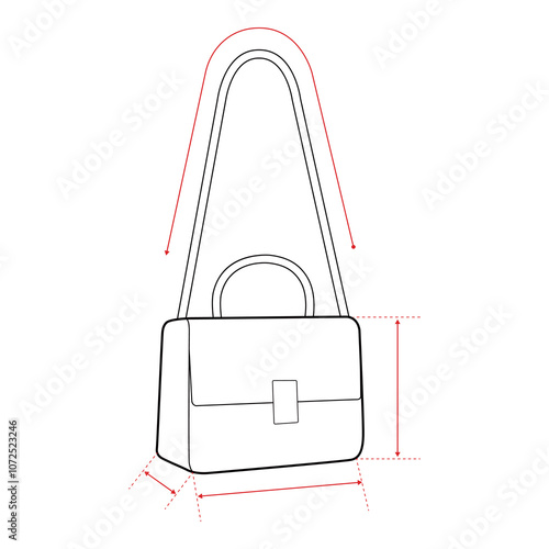 Handbag Technical Drawing with Measurement Points and Size Chart

