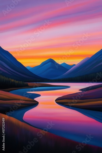 Vibrant abstract landscape painting depicting a river at sunset