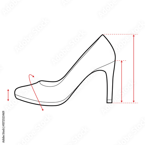 High Heels Technical Drawing with Measurement Points and Size Chart

