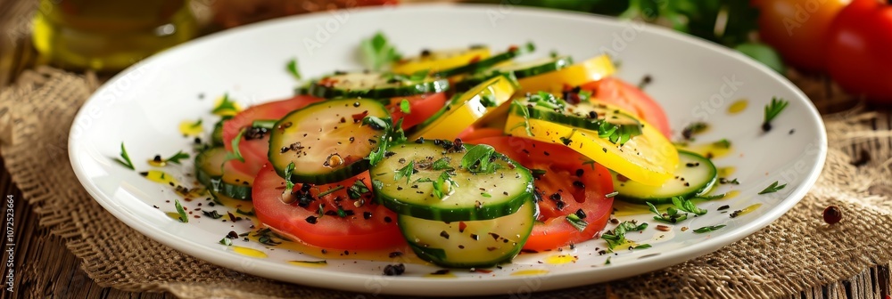 Vegetable Salad, Vegetarian Salat with Smoked Cheese, Sliced Cucumbers, Tomatoes and Greens Vegetable Salad, Vegetarian Salat with Smoked Cheese, Sliced Cucumbers, Tomatoes and Greens