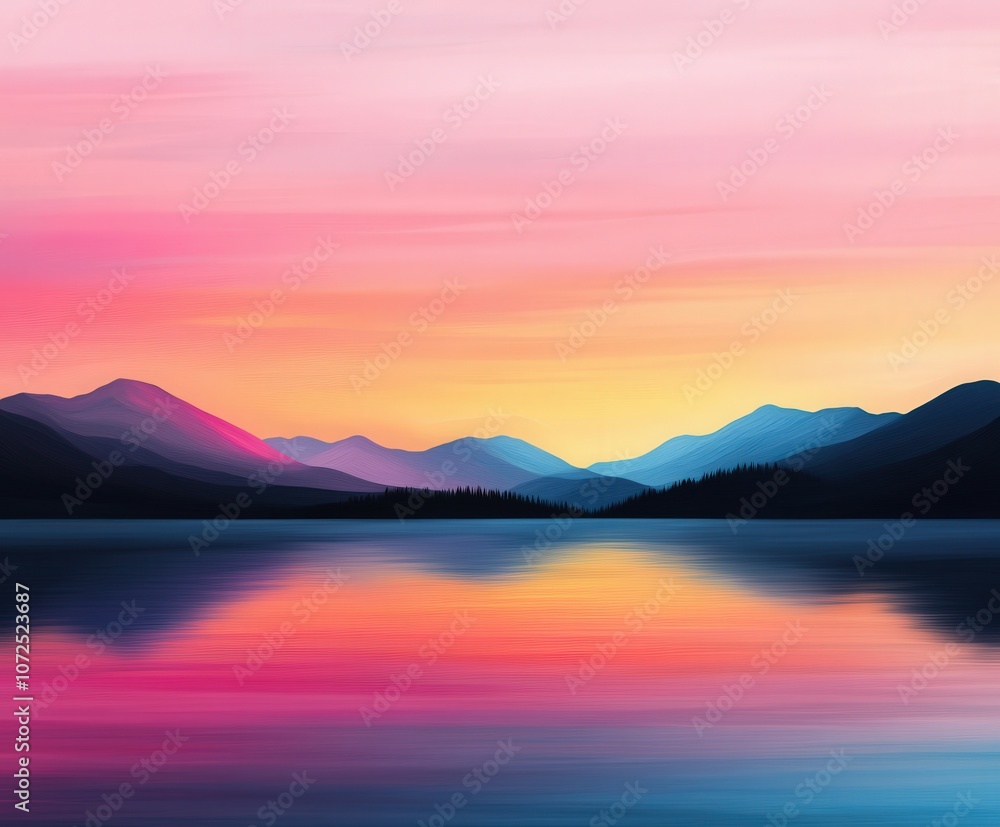 Serene landscape with vibrant sunset reflected over tranquil lake Serene landscape with vibrant sunset reflected over tranquil lake