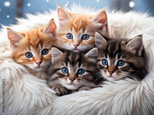 Four adorable kittens snuggled together in a fluffy blanket while snowflakes gently fall in a cozy indoor setting