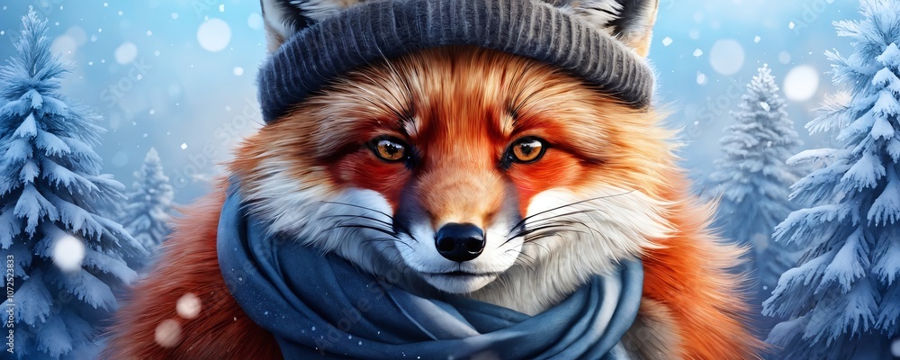 A stylish fox wearing a scarf and beanie in a snowy forest during wintertime, surrounded by frosty trees and soft falling snowflakes A stylish fox wearing a scarf and beanie in a snowy forest during wintertime, surrounded by frosty trees and soft falling snowflakes