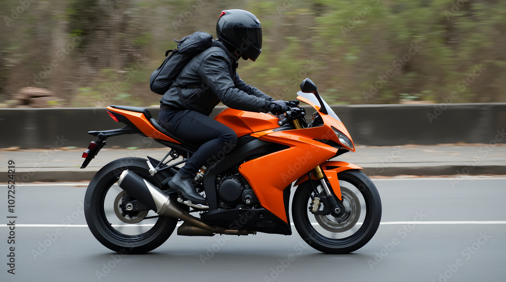 Fototapeta premium Motorcyclist in black jacket and helmet riding a bright sport bike on the street 