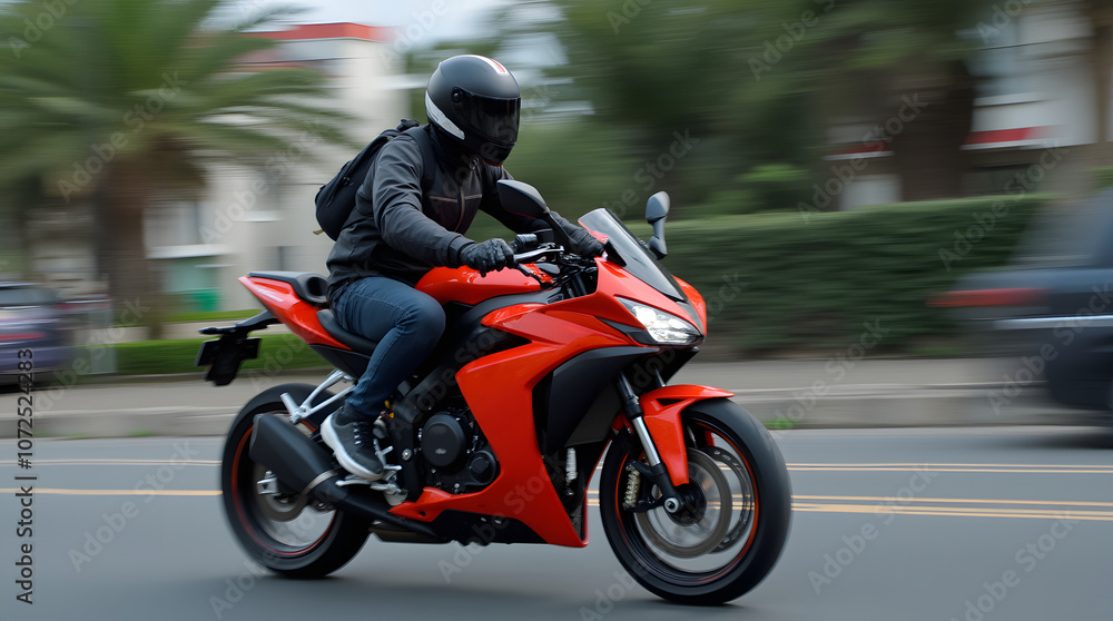 Motorcyclist in black jacket and helmet riding a bright sport bike on the street Motorcyclist in black jacket and helmet riding a bright sport bike on the street