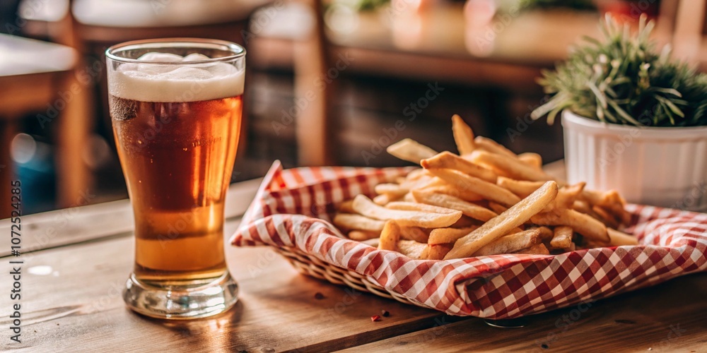 Beer and fries. Cool alcoholic drink. Beer on a table in a restaurant or pub. Beer and fries. Cool alcoholic drink. Beer on a table in a restaurant or pub.
