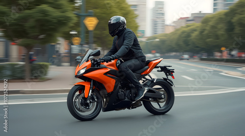 Motorcyclist in black jacket and helmet riding a bright sport bike on the street 