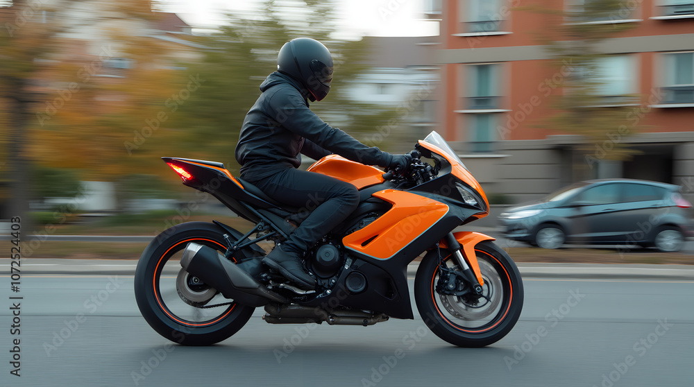 Motorcyclist in black jacket and helmet riding a bright sport bike on the street Motorcyclist in black jacket and helmet riding a bright sport bike on the street