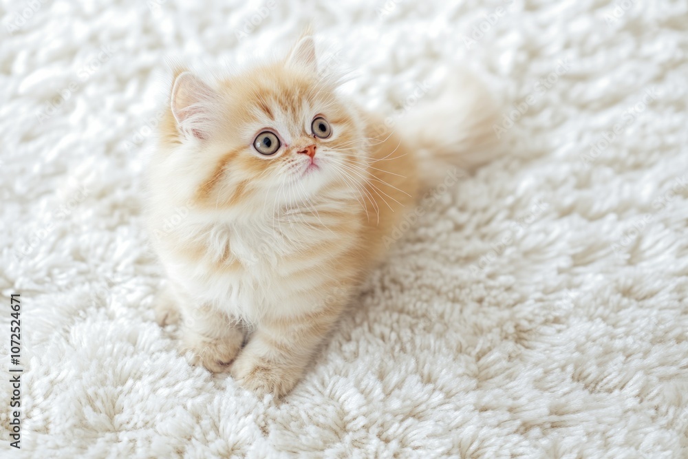 Sweet Persian Kitten Playfully Sitting on a Fluffy White Rug in a Cozy Home Sweet Persian Kitten Playfully Sitting on a Fluffy White Rug in a Cozy Home
