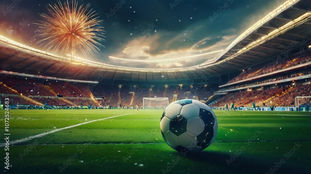 Fototapeta premium Modern sports stadium at night ready for match. Sports background as 3D illustration in horizontal format for advertising.
